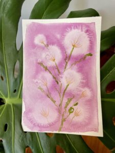 a watercolour painting of flowers in purple and white