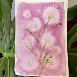 a watercolour painting of flowers in purple and white
